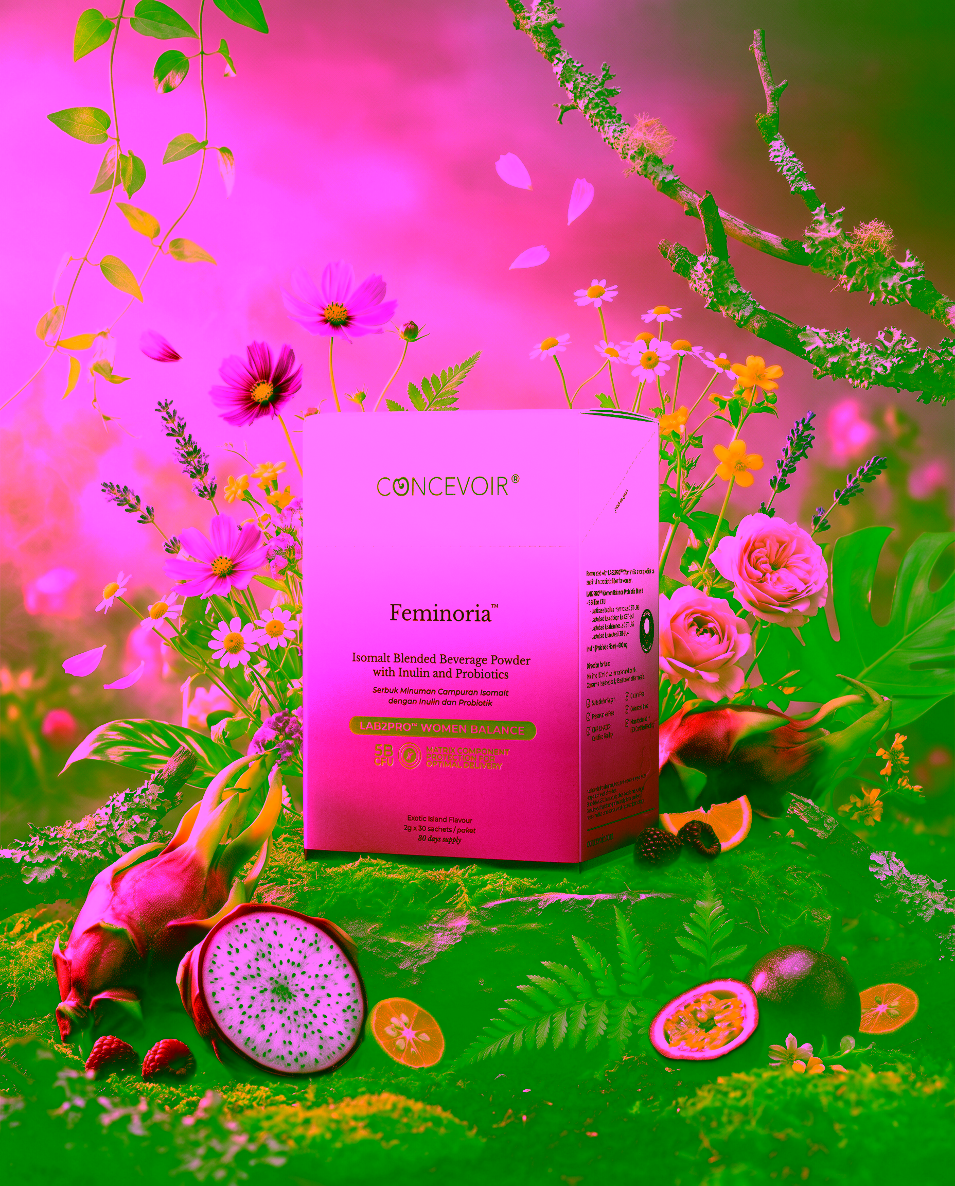 Feminoria Exotic Island box on mossy stone with dragonfruit and blooms
